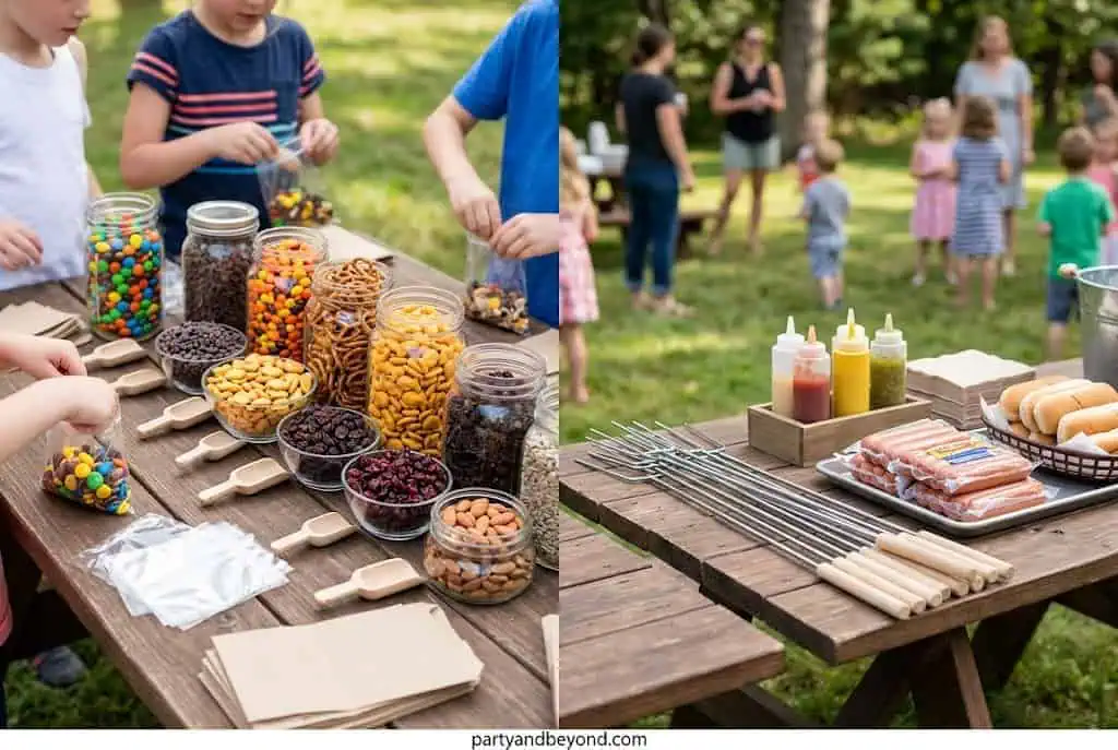 Hot dog roast setup with roasting sticks and condiments – camping birthday party food