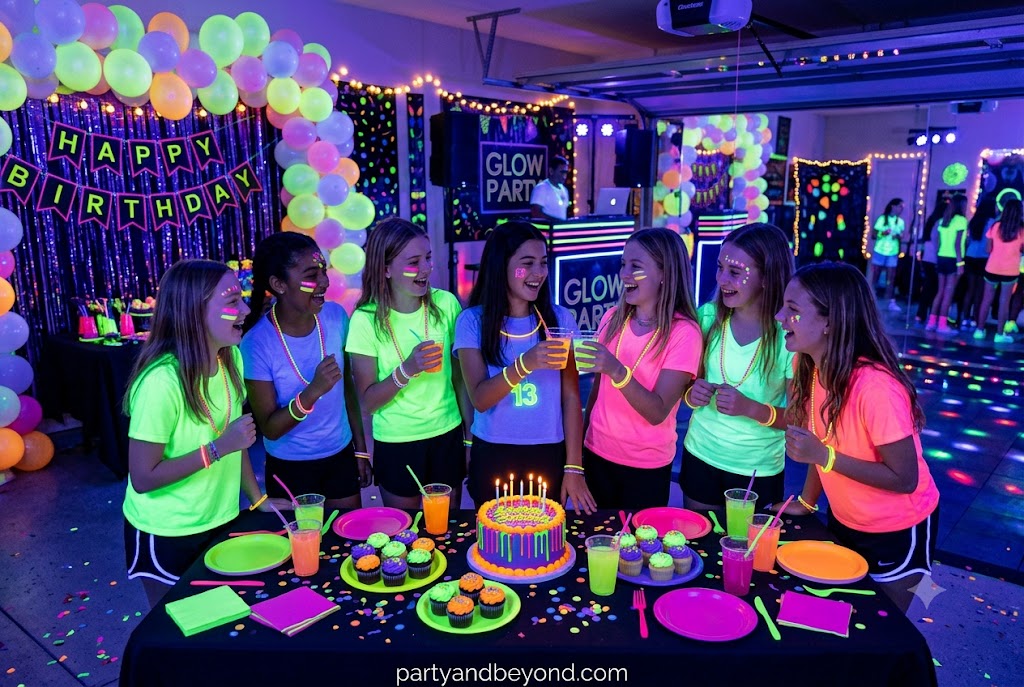 Glow in the dark birthday party with blacklights and neon decorations
