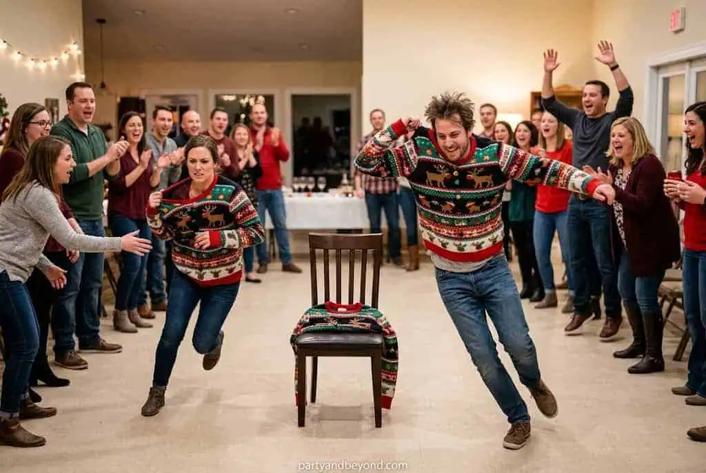 Holiday party guests racing in an ugly Christmas sweater relay game.