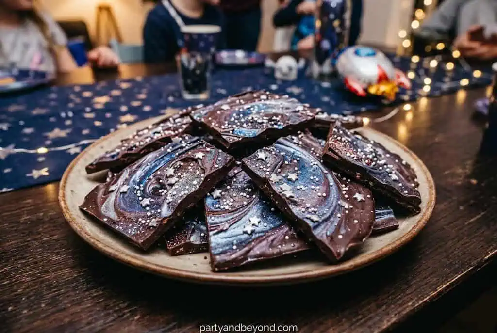 Homemade galaxy chocolate bark with blue, purple, and white swirled colors.