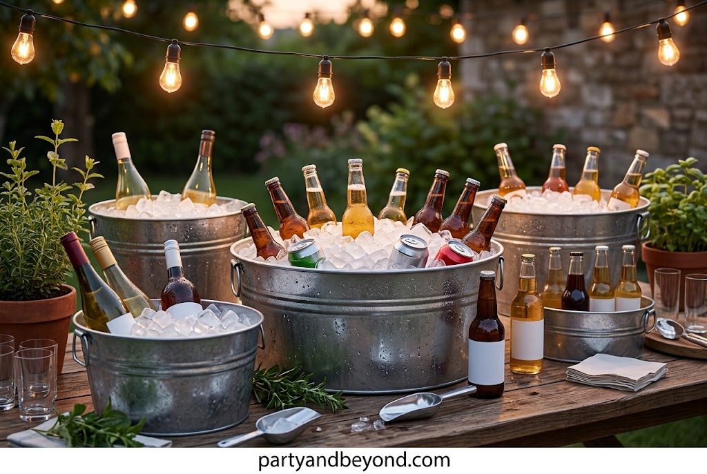 Ice-filled galvanized tubs with drinks for a backyard BBQ party