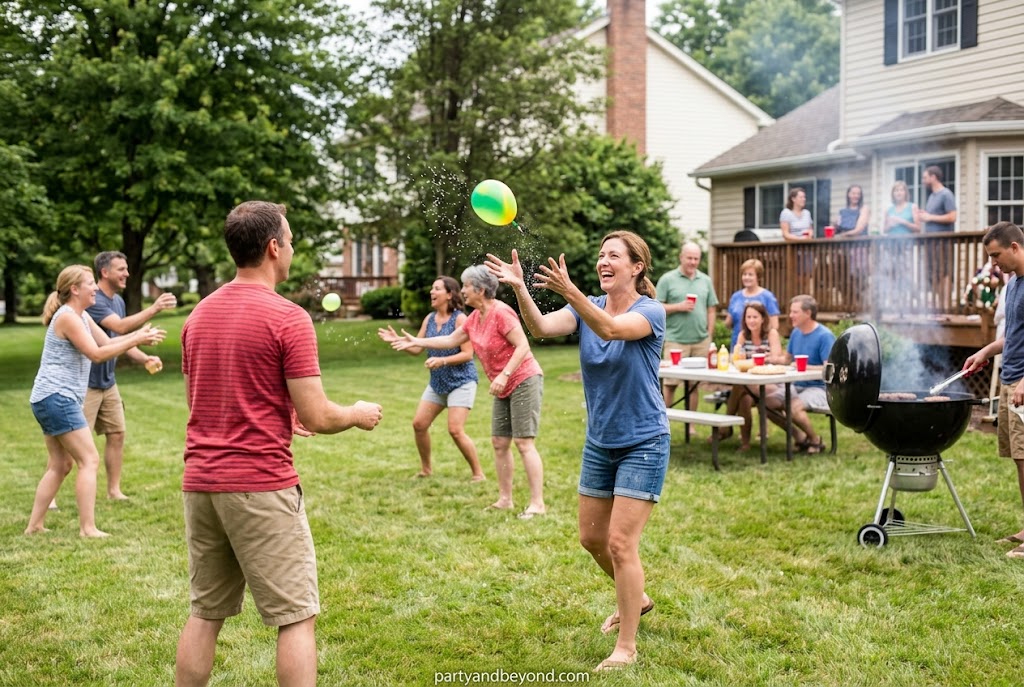 Kids playing water balloon toss during a summer BBQ gathering