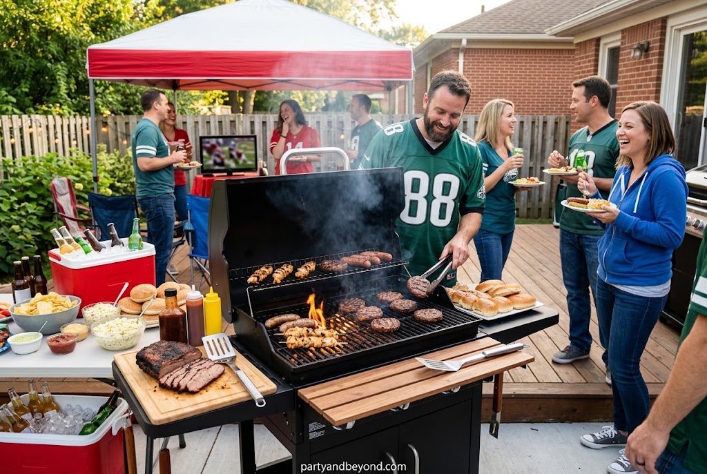 Backyard tailgate BBQ party with TV and football-themed food