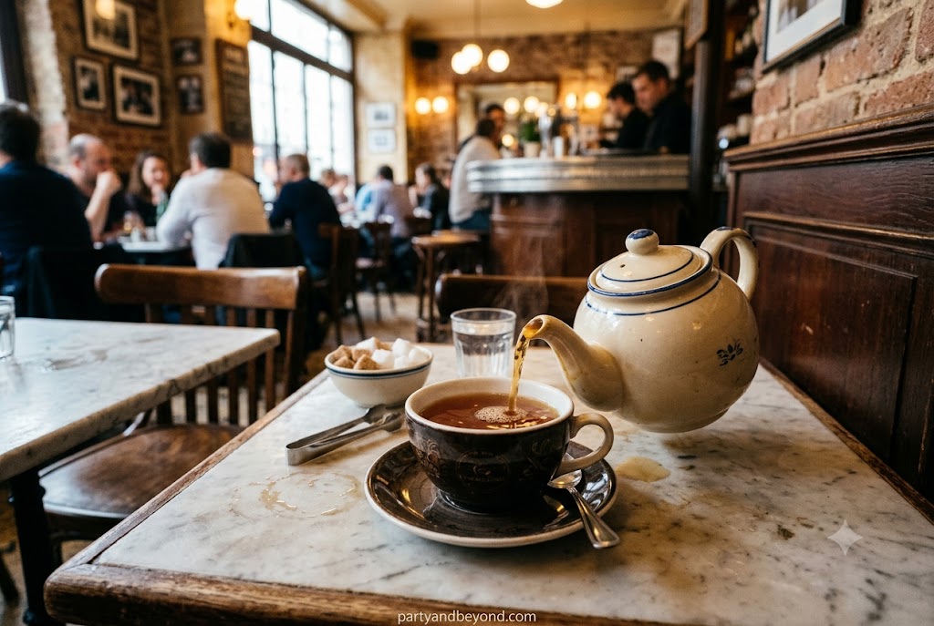 French café inspired tea party with croissants, coffee, and elegant décor