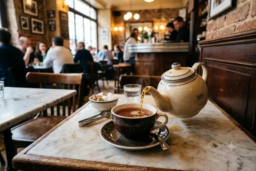 French café inspired tea party with croissants, coffee, and elegant décor