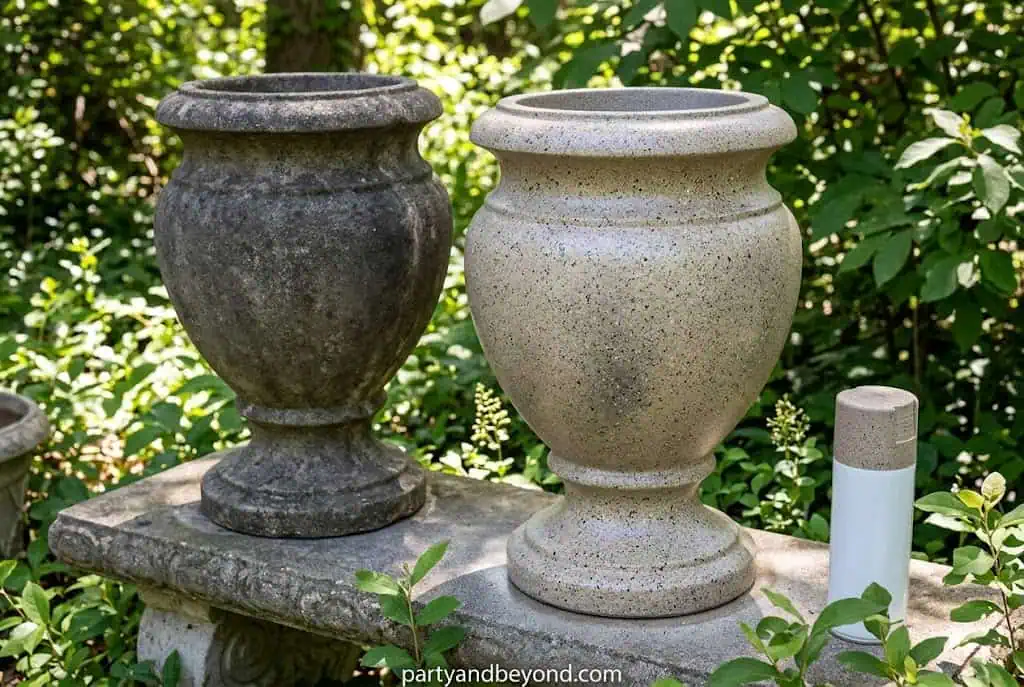 DIY stone-look cemetery urns made from dollar store planters.
