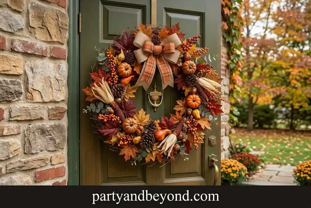 DIY grapevine fall wreath decorated with velvet pumpkins, autumn leaves, and a plaid bow.