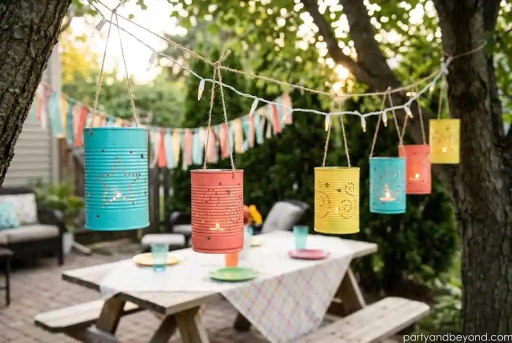 Handmade punched tin can lanterns hanging in a backyard at night