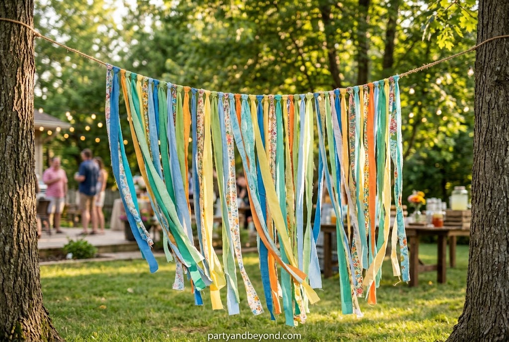 DIY fabric streamer wall photo backdrop for a summer backyard party