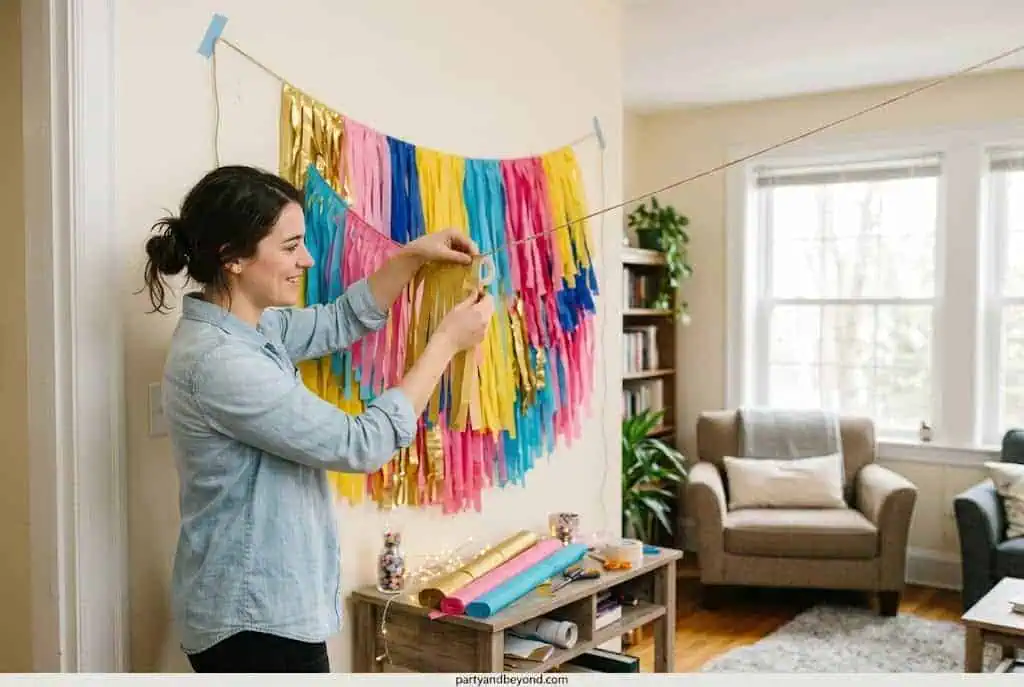 DIY fringe backdrop for small-space party photo booth with metallic curtains.