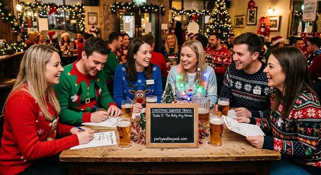 Friends answering ugly Christmas sweater trivia questions at a holiday party.