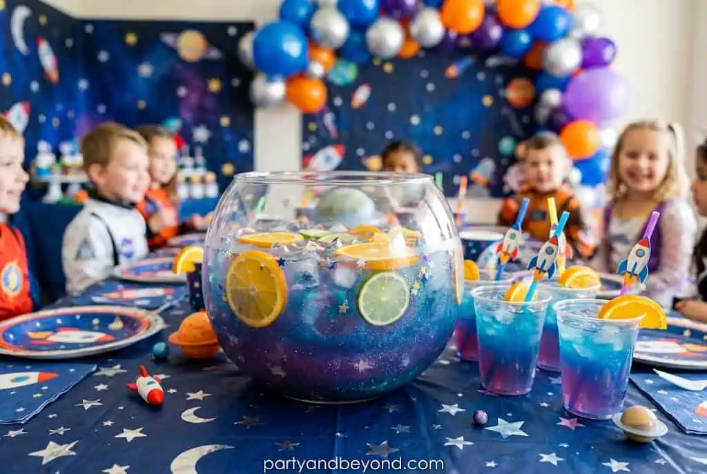 Bright blue rocket fuel punch topped with sherbet for a bubbly space-themed drink.