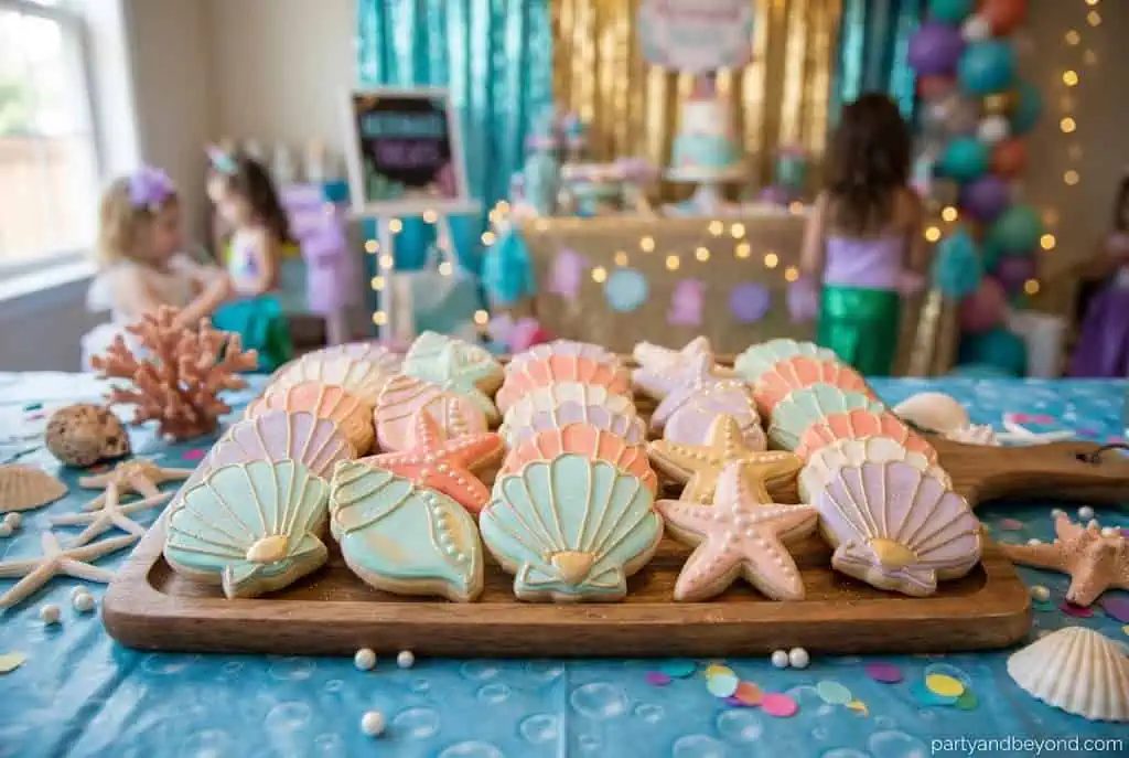Homemade seashell-shaped cookies decorated with edible shimmer for a mermaid party.