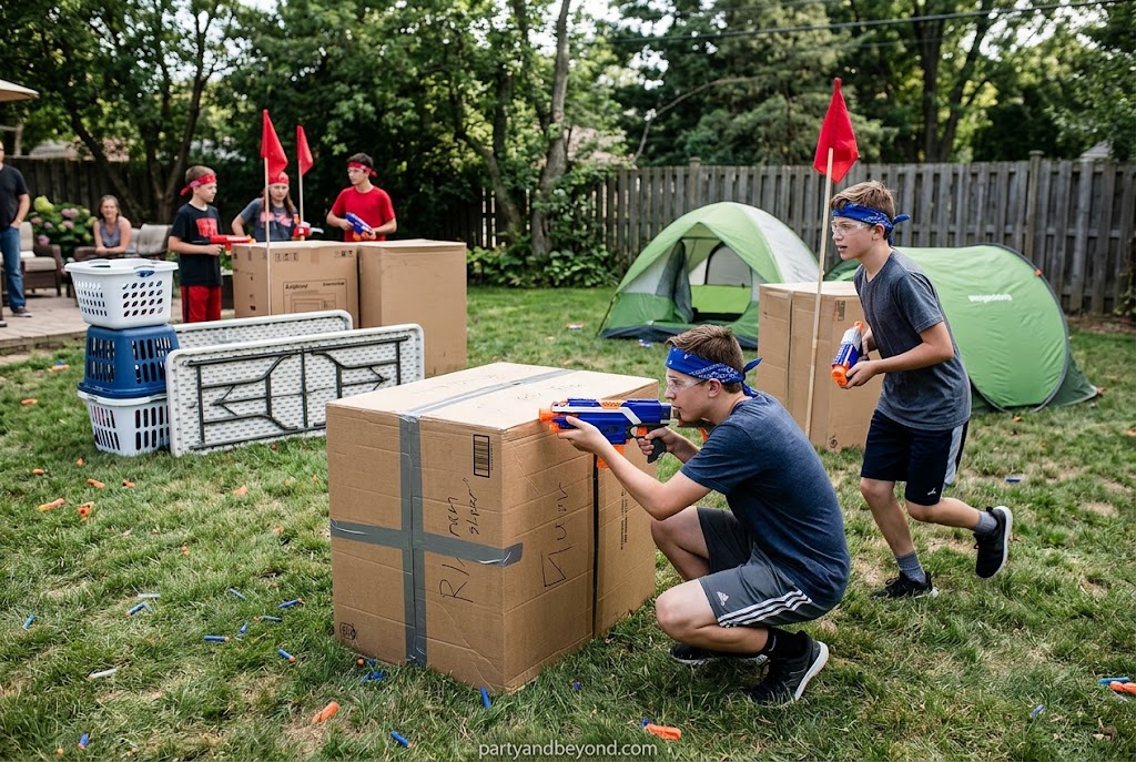 Outdoor Nerf war birthday party with team bases and teenage boys