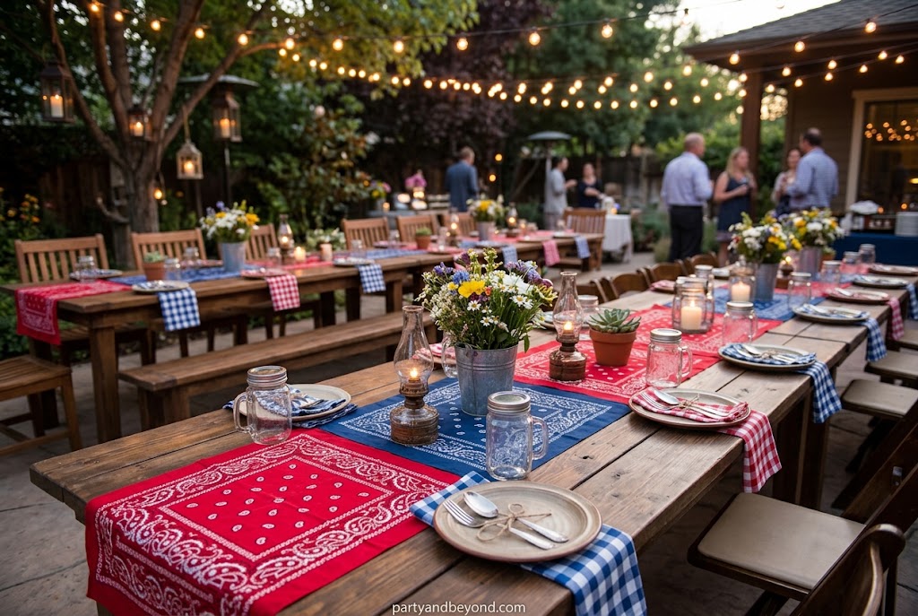 Rustic BBQ party table decorated with colorful bandana runners