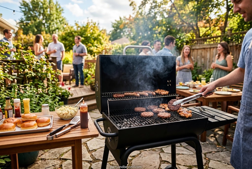 Relaxed weekend BBQ gathering with friends in the backyard