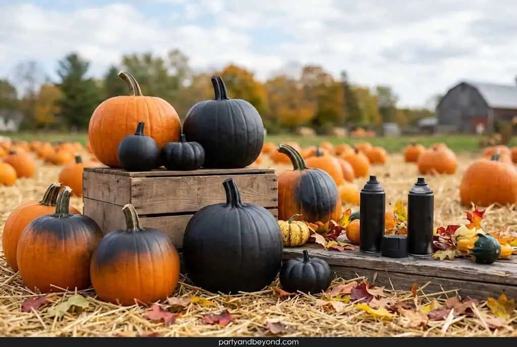 Matte black painted pumpkins with gold stems for elegant Halloween table decor.