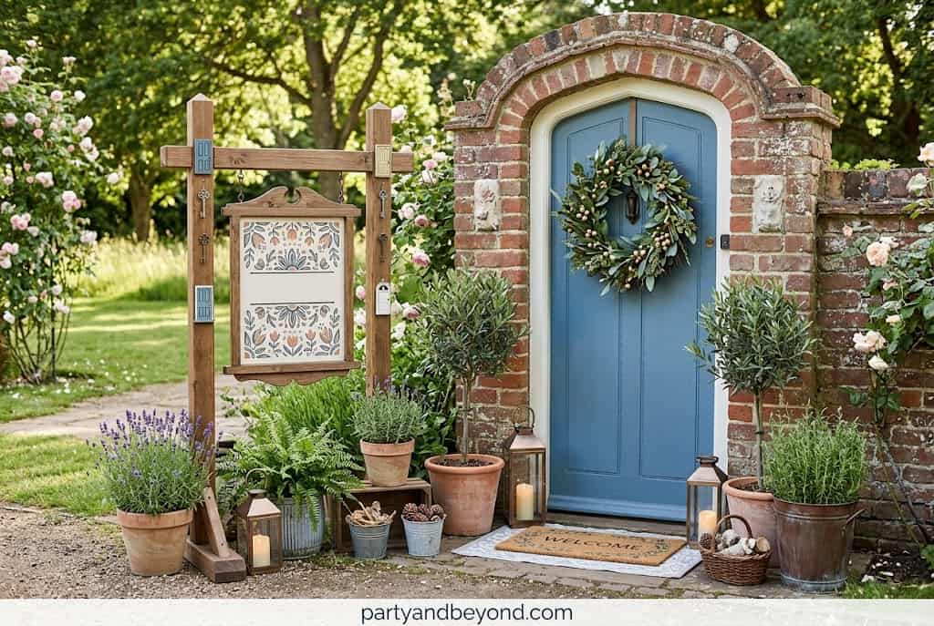 Wooden welcome sign styled with pumpkins and a lantern beside the front door.
