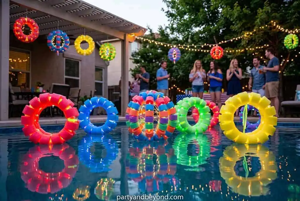 Colorful DIY pool noodle glow orbs hanging from backyard trees