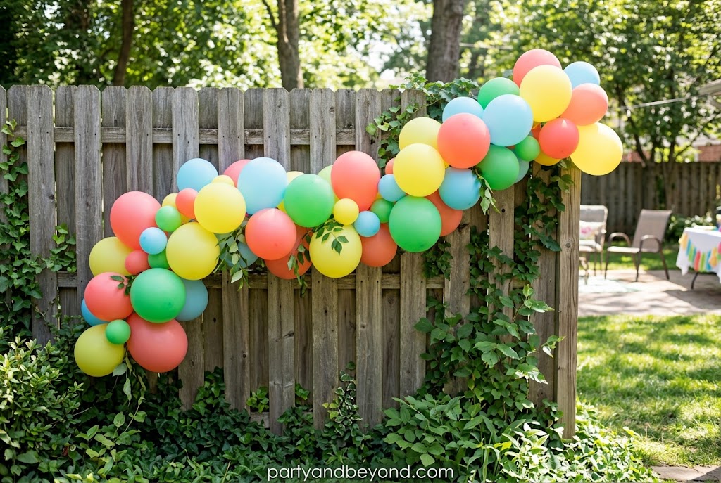 Colorful balloon garland attached to a backyard fence for party decorations