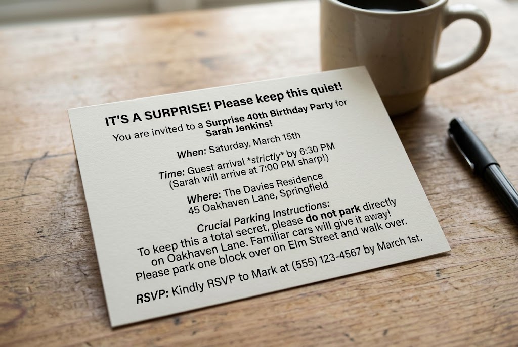 Surprise birthday party invitation with balloons, gifts, and hidden celebration theme