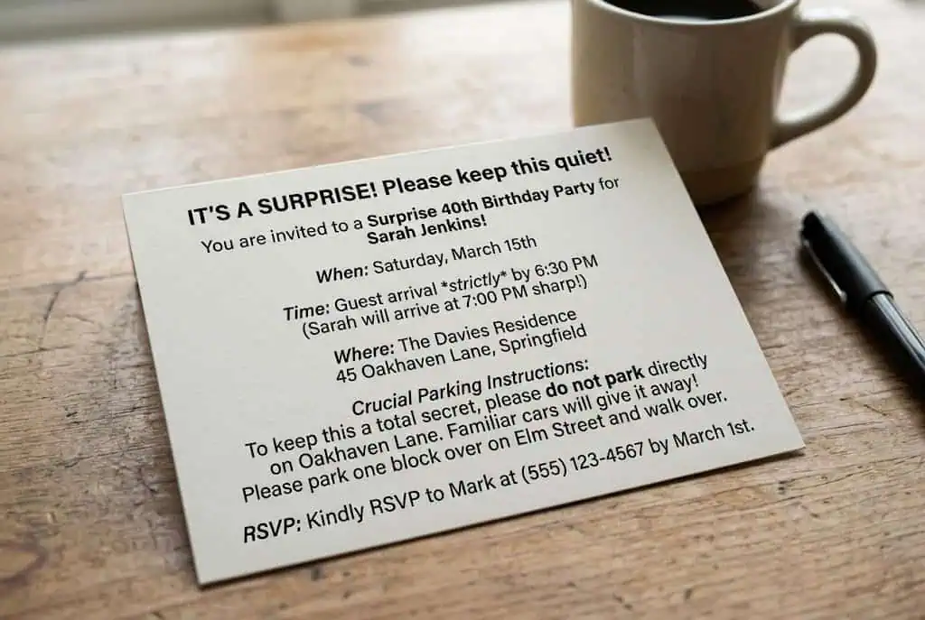 Surprise birthday party invitation with balloons, gifts, and hidden celebration theme