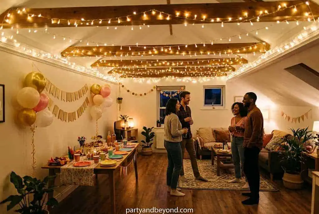Warm string lights decorating the ceiling for a cozy indoor party setup.