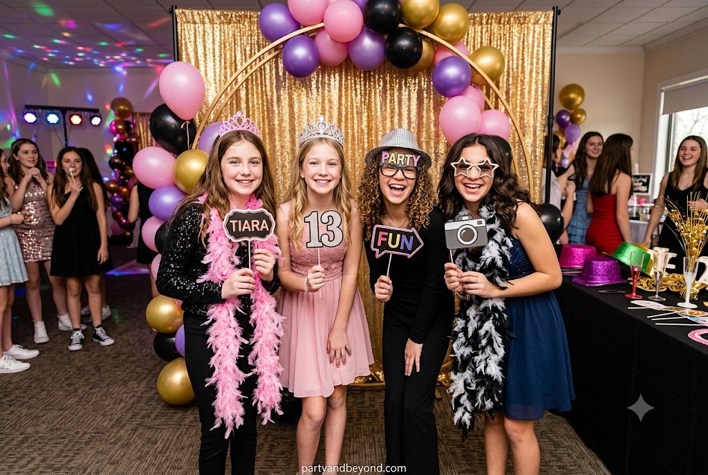 Photo booth glam party with balloon garland and fringe backdrop