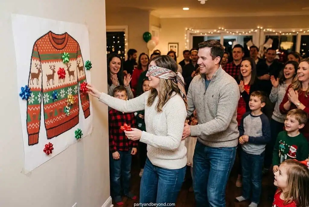 Guests playing Pin the Bow on the Sweater game during an ugly Christmas sweater party.