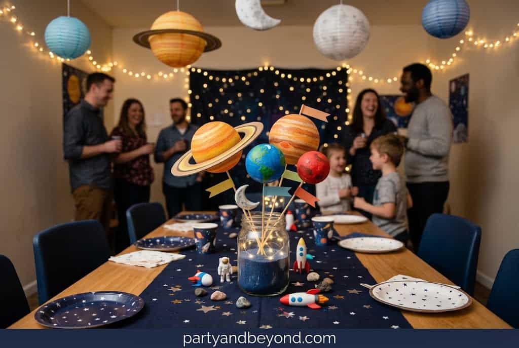 Painted foam planet centerpieces displayed on sticks in decorative jars.