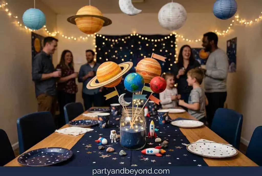 Painted foam planet centerpieces displayed on sticks in decorative jars.
