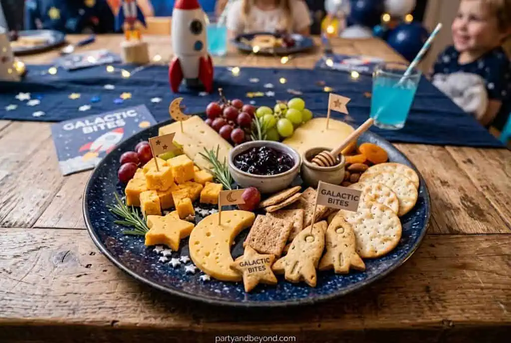 Round cheese slices and crackers arranged as moon-themed party snacks.