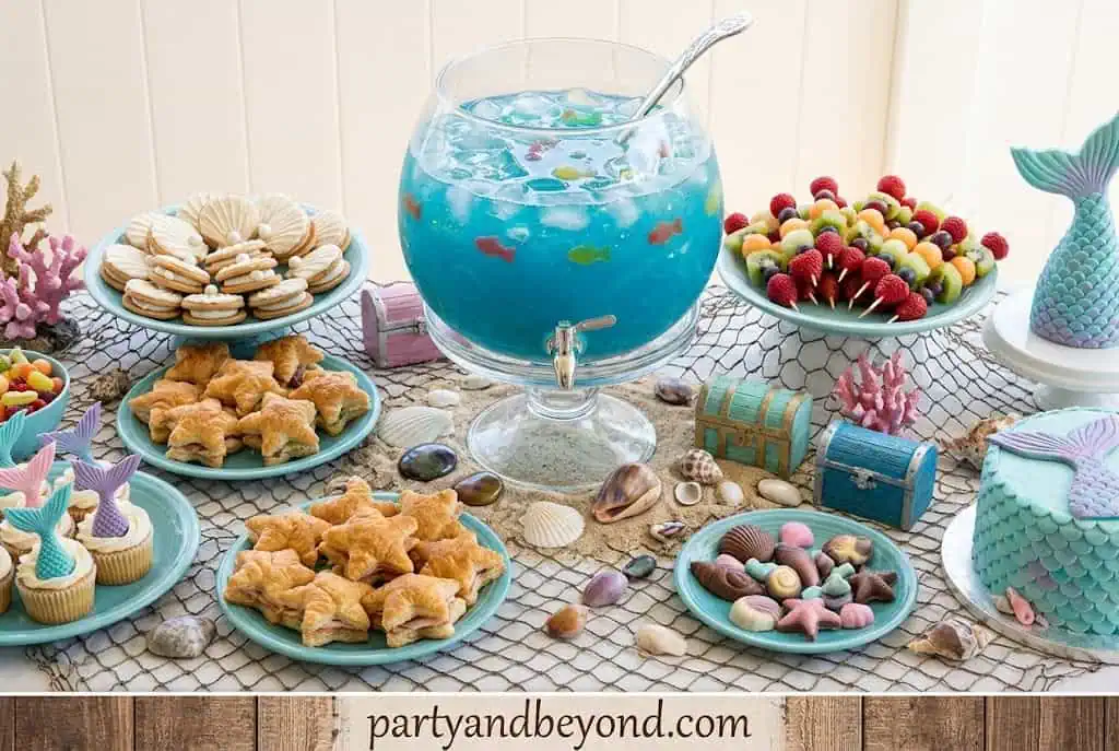 Bright blue ocean punch topped with sherbet foam for a safe mermaid party drink.