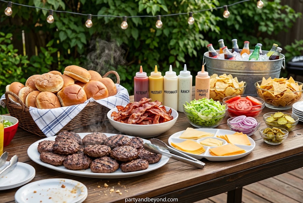 DIY burger bar setup for a teenage boy birthday party