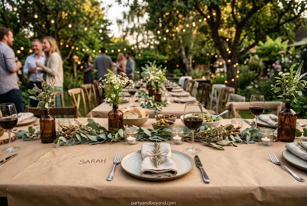 DIY BBQ party table covered with kraft paper for family gathering