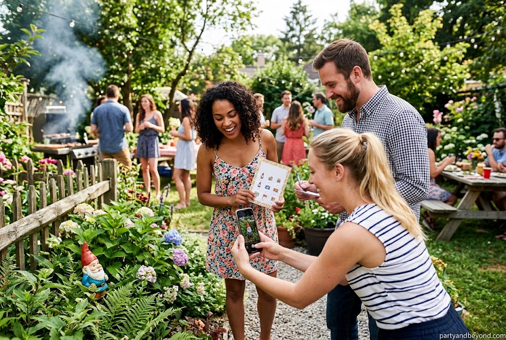 Friends taking fun photos during a BBQ party scavenger hunt