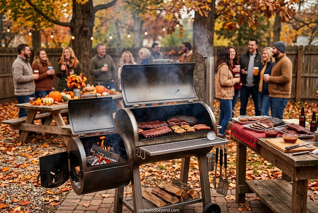 Cozy autumn BBQ party with blankets and warm cider outdoors BBQ Party Ideas