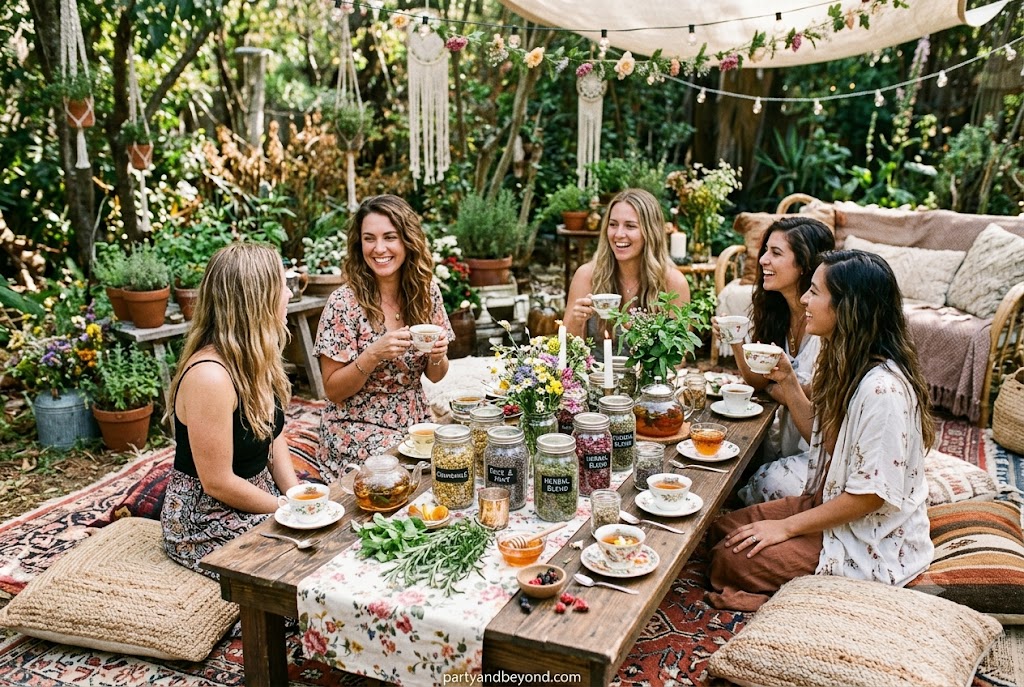 Boho herbal tea party with dried flowers, wooden serving boards, and herbal teas