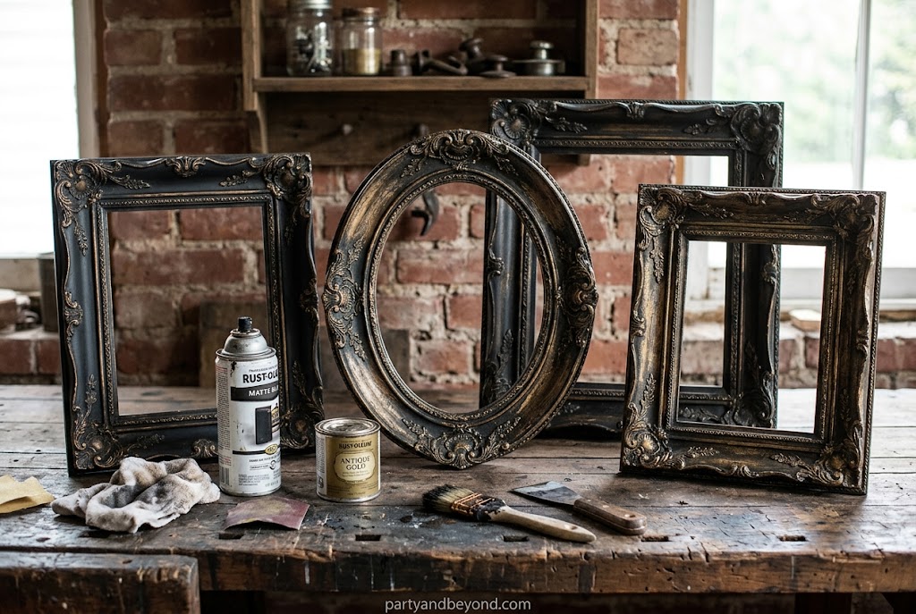 Vintage haunted picture frames with distressed black finish for spooky wall decor.