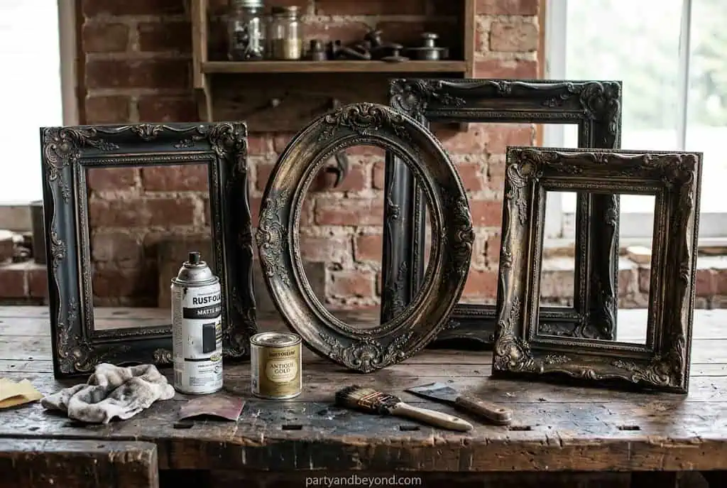 Vintage haunted picture frames with distressed black finish for spooky wall decor.