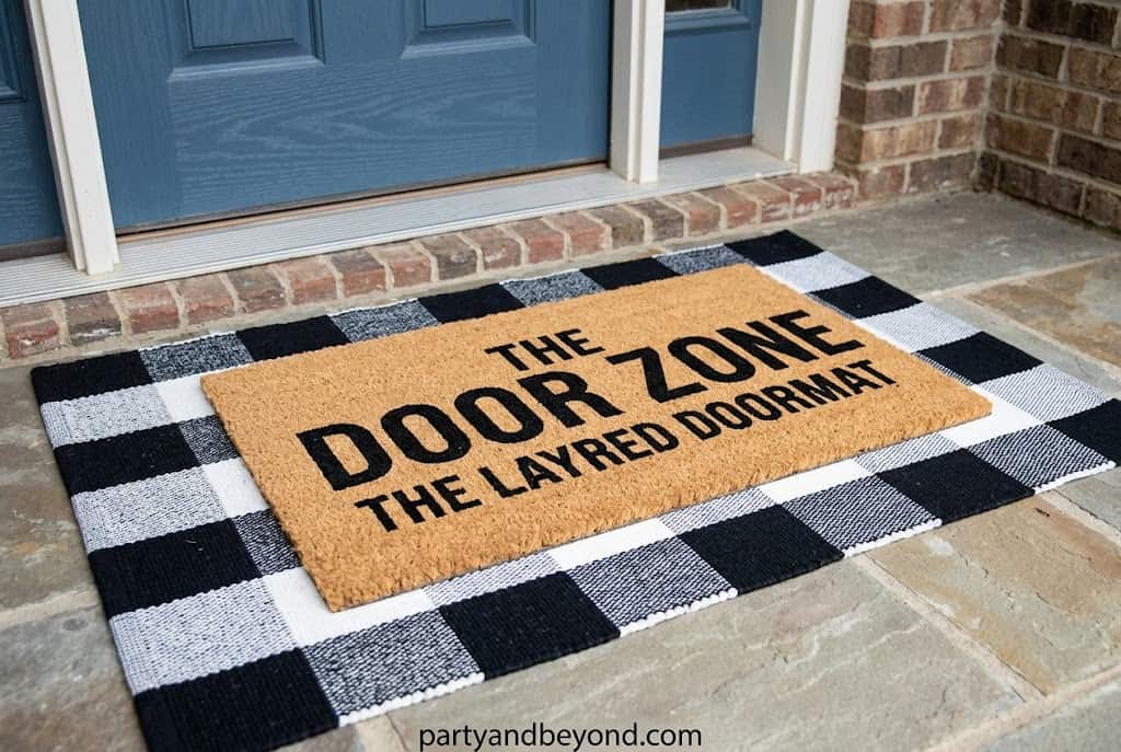 Layered plaid outdoor rug with a coir doormat creating a cozy Thanksgiving entrance