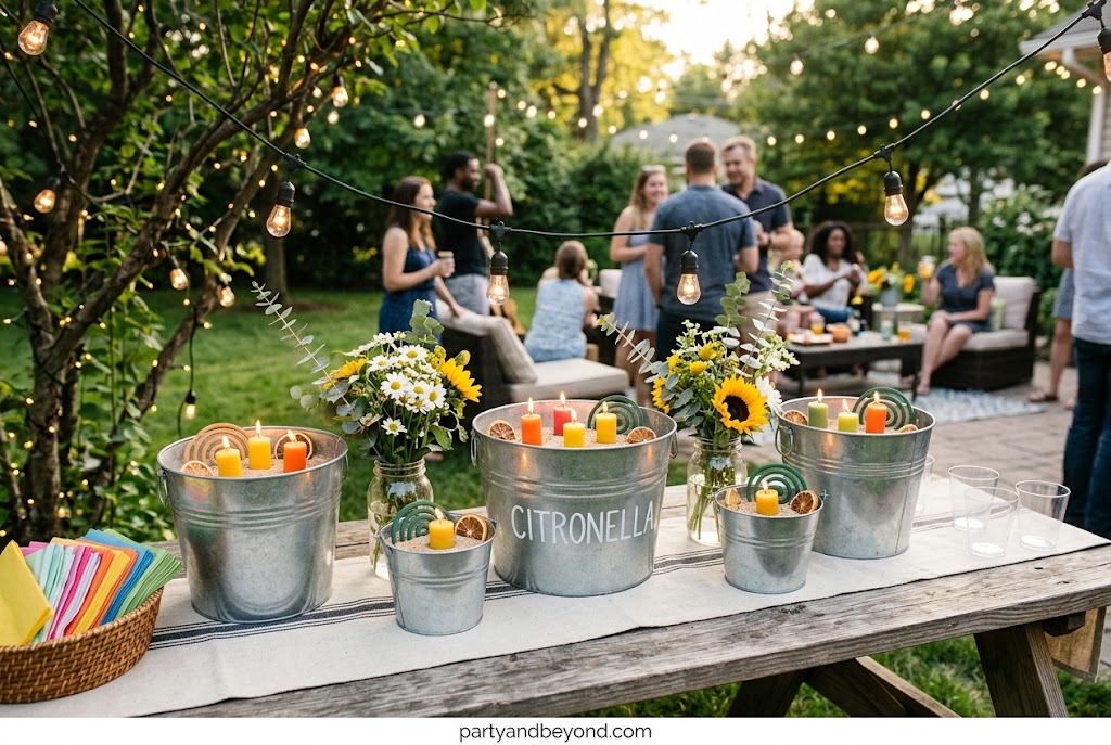 Citronella bucket candles decorating an outdoor summer party table