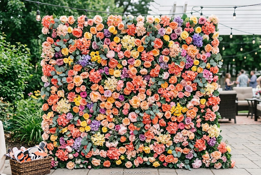 Elegant faux flower wall backdrop for backyard baby shower and birthday photos