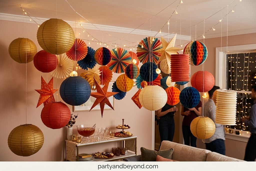 Hanging paper lanterns and honeycomb decorations for small indoor party spaces.