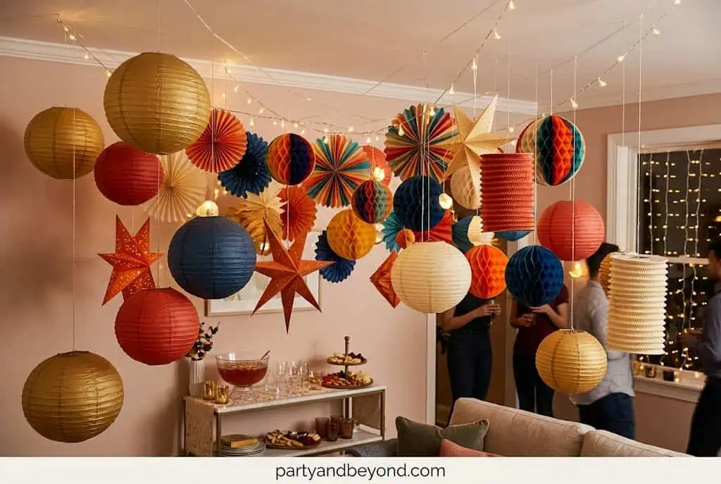 Hanging paper lanterns and honeycomb decorations for small indoor party spaces.