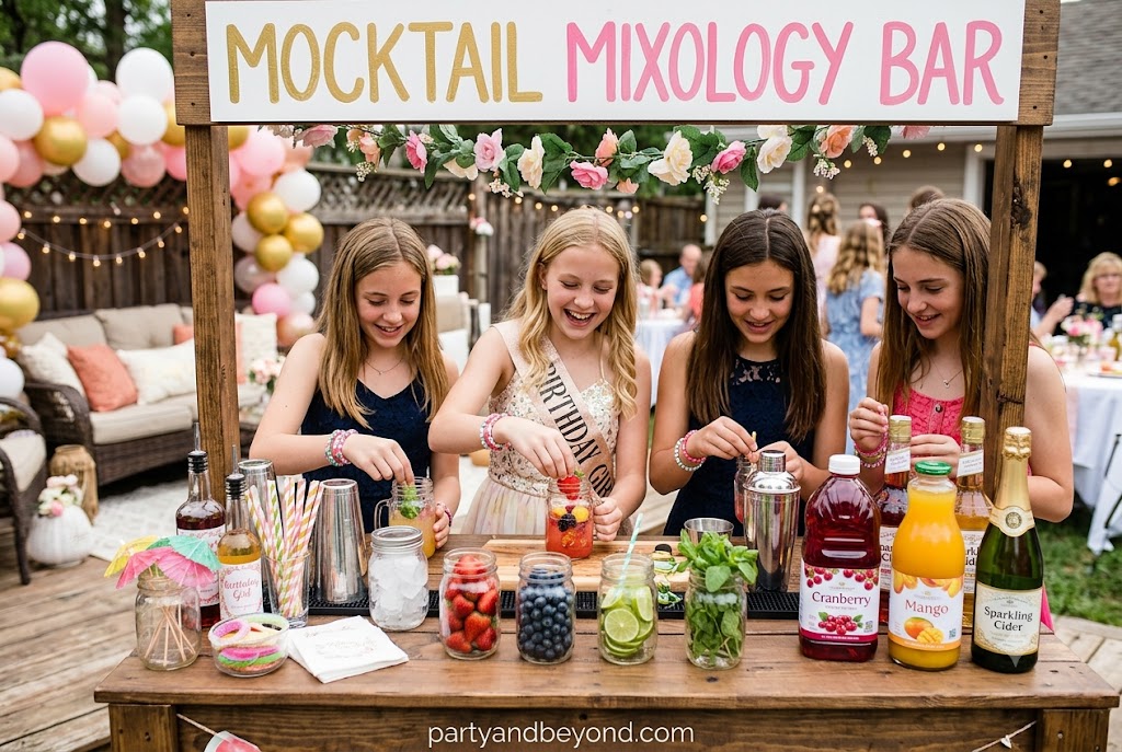 Teen birthday mocktail bar with colorful drinks and fruit garnishes