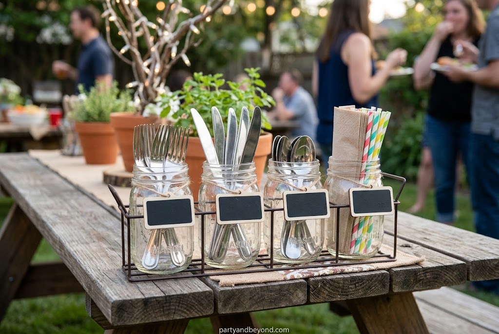 Mason jars holding forks, knives, and napkins for BBQ buffet table