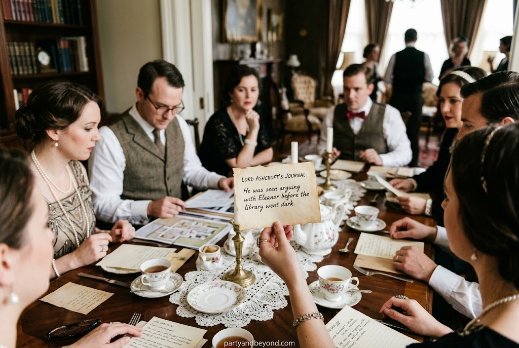 Murder mystery tea party for adults with elegant table setting and game cards