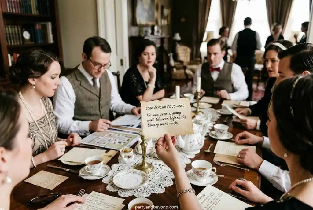 Murder mystery tea party for adults with elegant table setting and game cards