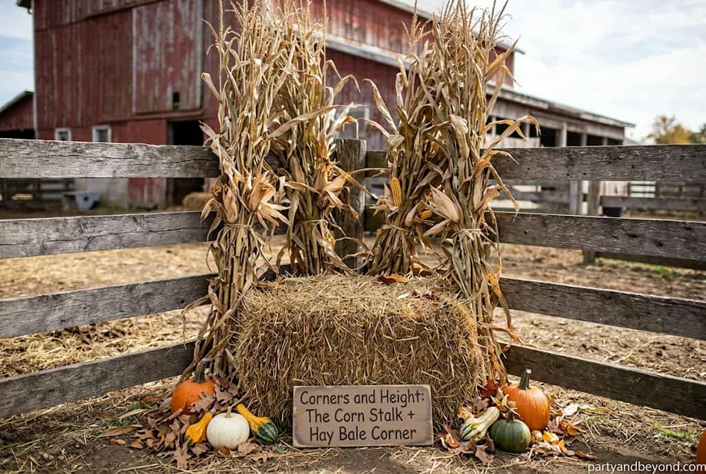 Rustic Thanksgiving porch display featuring corn stalks, hay bales, and pumpkins.